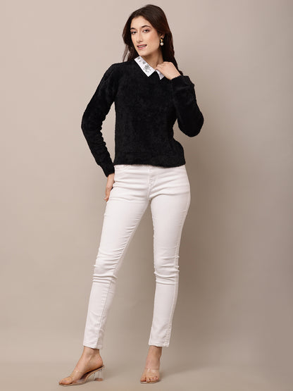Nylon Full Sleeve with Round Neck Black Sweater