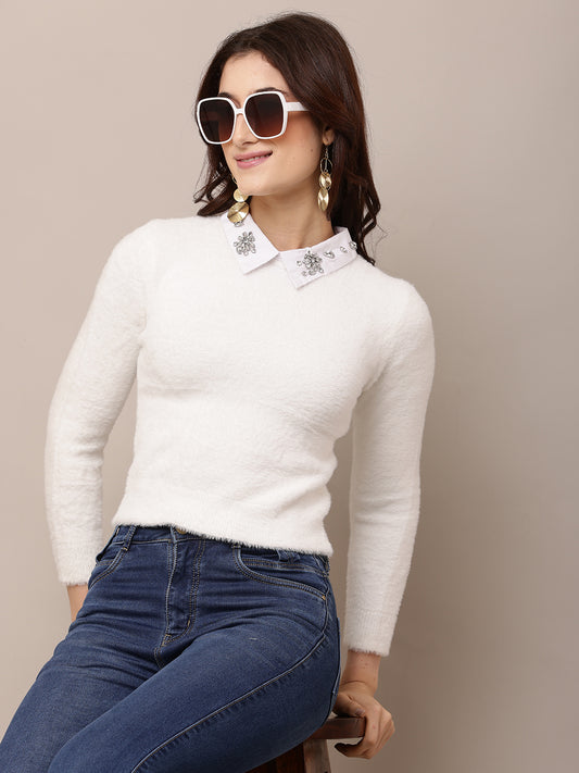 Nylon Full Sleeve with Round Neck White Sweater