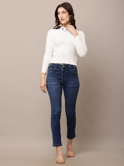 Nylon Full Sleeve with Round Neck White Sweater