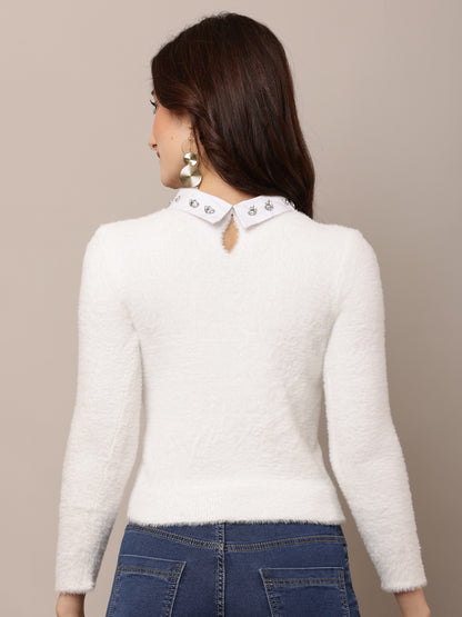 Nylon Full Sleeve with Round Neck White Sweater