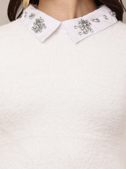 Nylon Full Sleeve with Round Neck White Sweater