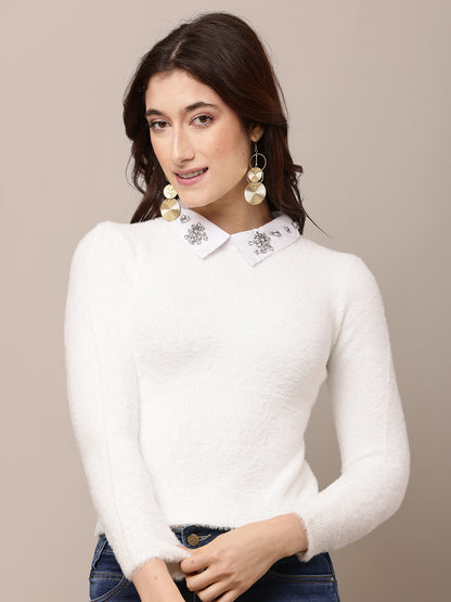 Nylon Full Sleeve with Round Neck White Sweater