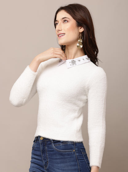 Nylon Full Sleeve with Round Neck White Sweater
