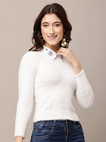 Nylon Full Sleeve with Round Neck White Sweater