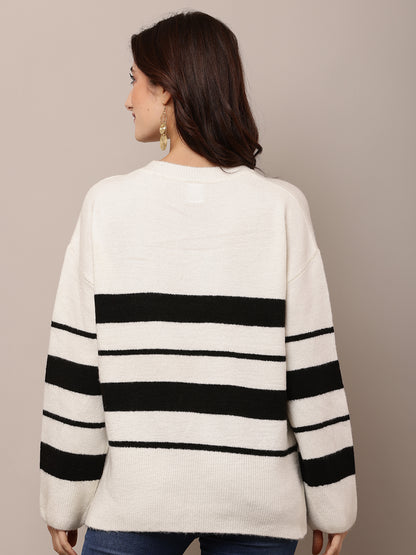 Acrylic Full Sleeve with Round Neck White Striped Sweater