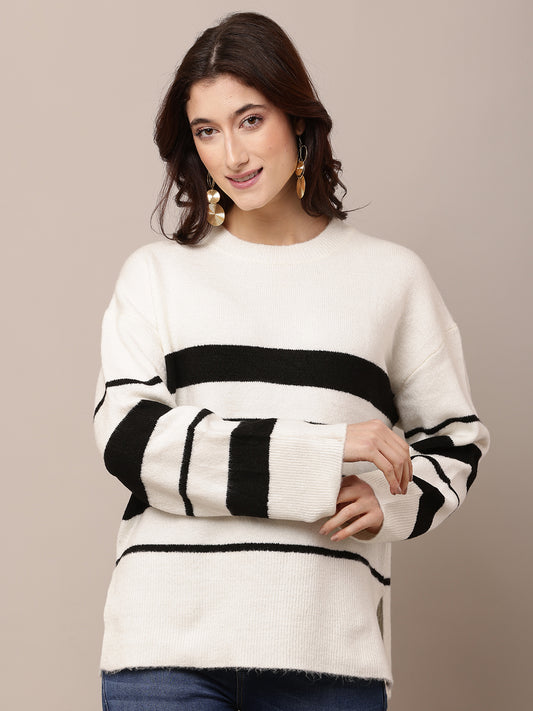Acrylic Full Sleeve with Round Neck White Striped Sweater