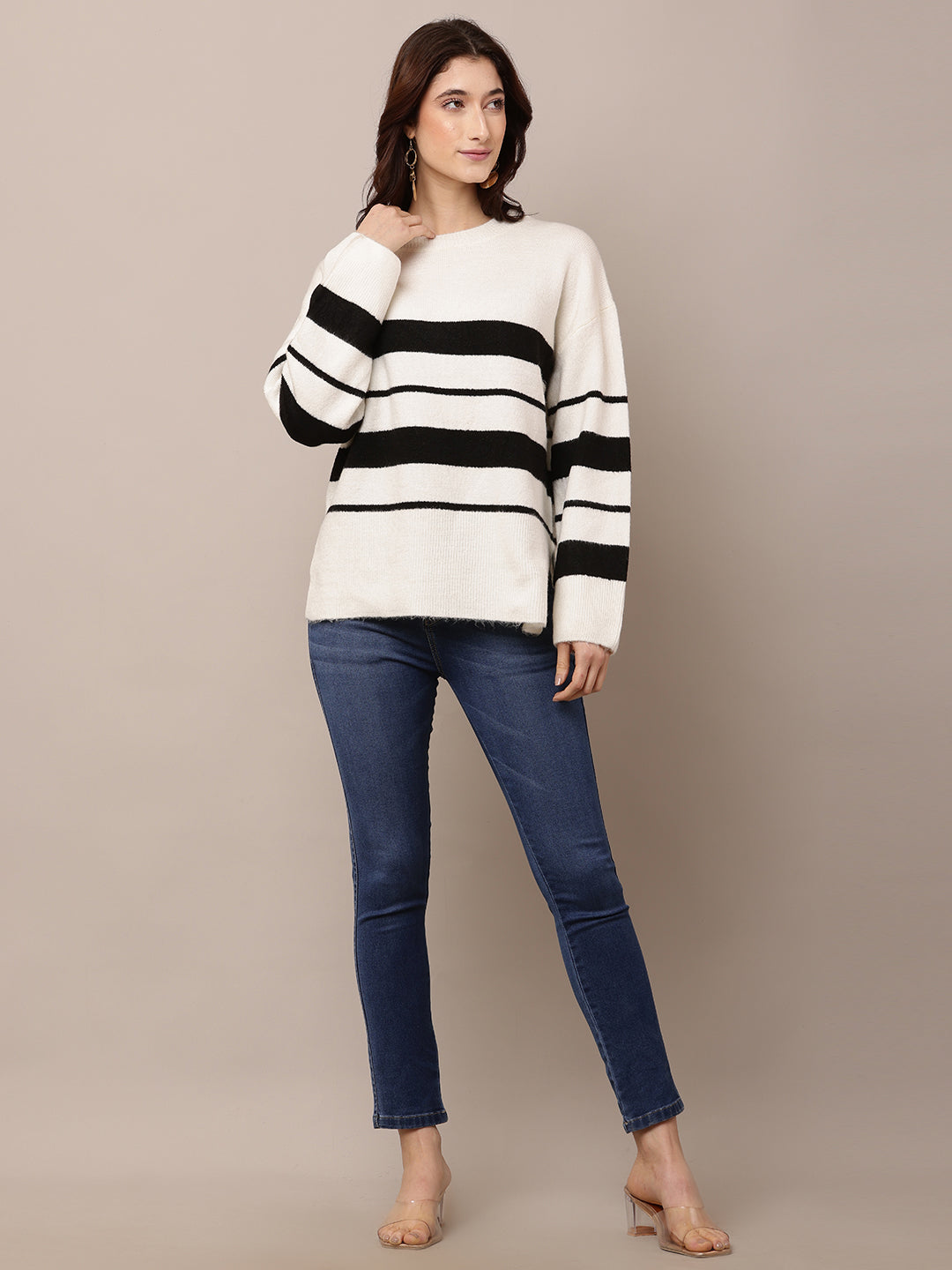 Acrylic Full Sleeve with Round Neck White Striped Sweater