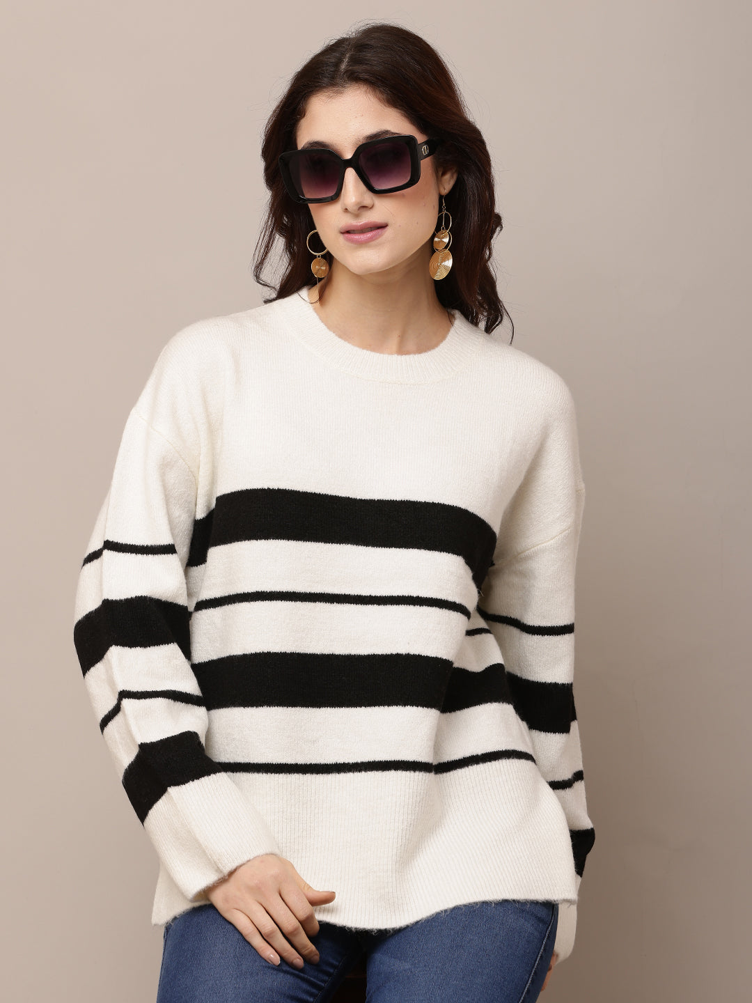 Acrylic Full Sleeve with Round Neck White Striped Sweater