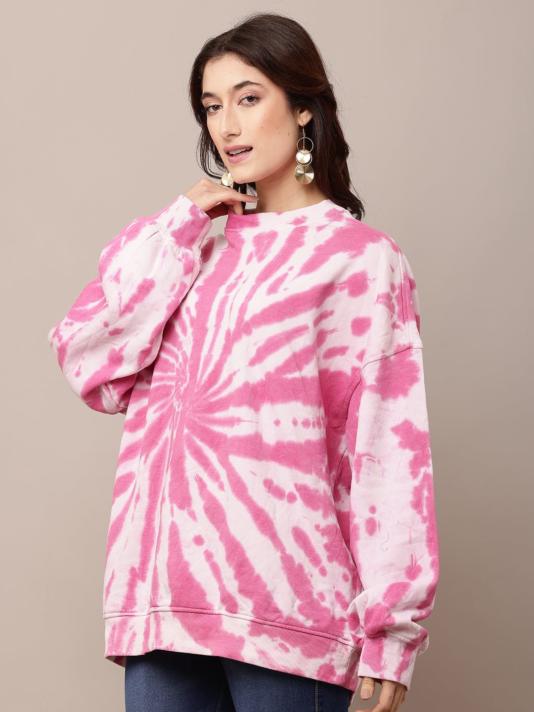 Polyester Full Sleeve with Turtle Neck Tie-dye Oversized Sweatshirt