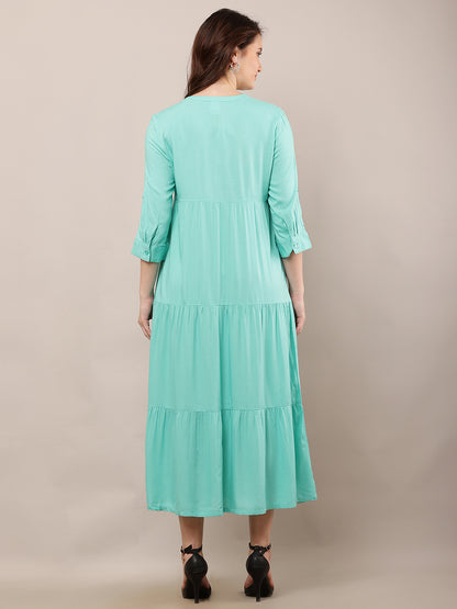 Rayon V-Neck with 3/4th Sleeve Midi Light Green Summer Dress