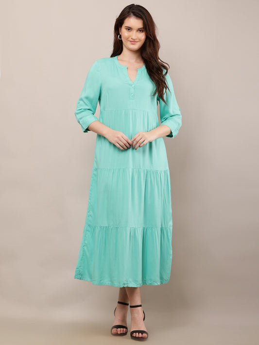 Rayon V-Neck with 3/4th Sleeve Midi Light Green Summer Dress