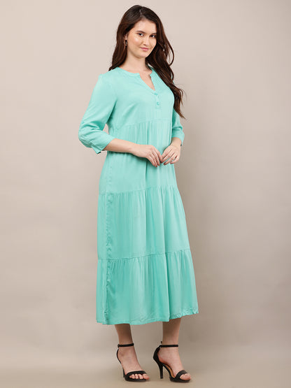 Rayon V-Neck with 3/4th Sleeve Midi Light Green Summer Dress