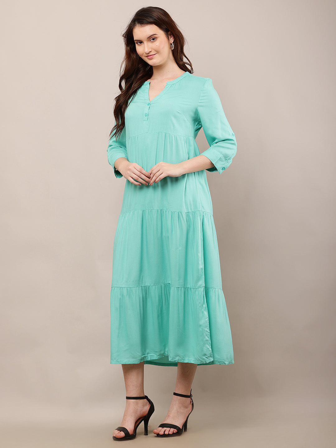 Rayon V-Neck with 3/4th Sleeve Midi Light Green Summer Dress