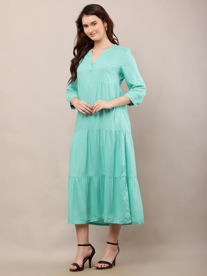 Rayon V-Neck with 3/4th Sleeve Midi Light Green Summer Dress