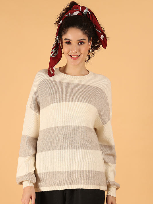 Viscose Full Sleeve Cream & Grey Striped Knit Sweater