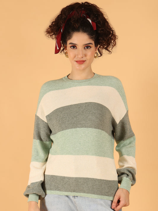 Viscose Full Sleeve Mint Green & Cream Striped Knit Sweater