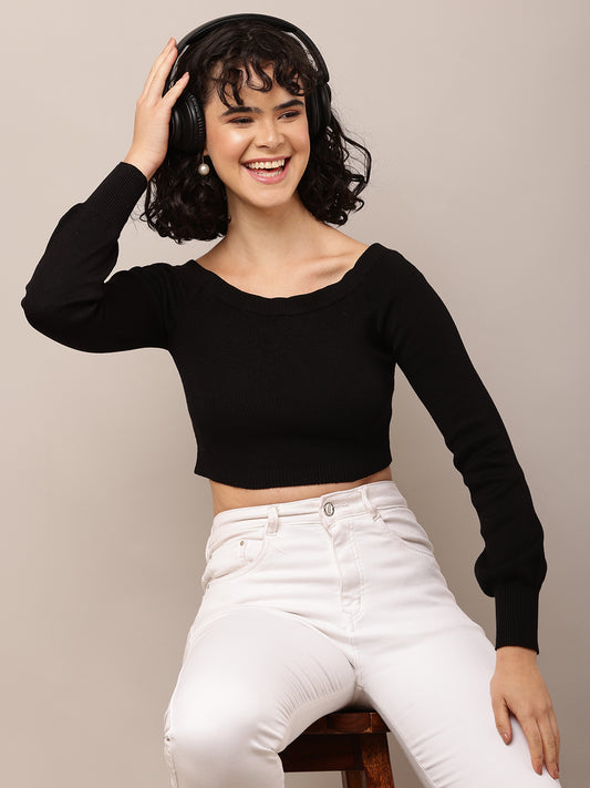 Viscose Full Sleeve with Boat Neck Ribbed Black Crop Top
