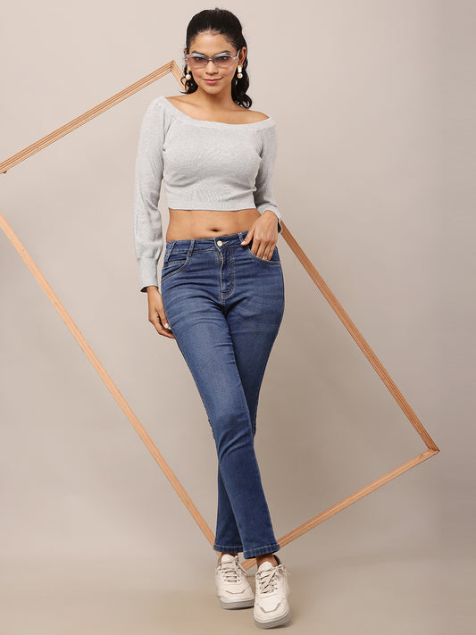 Viscose Full Sleeve with Boat Neck Ribbed Grey Crop Top