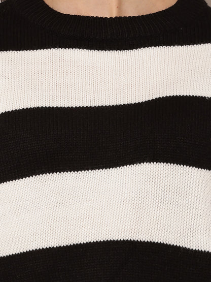 Acrylic Full Sleeve with Round Neck Black and white Striped Sweater