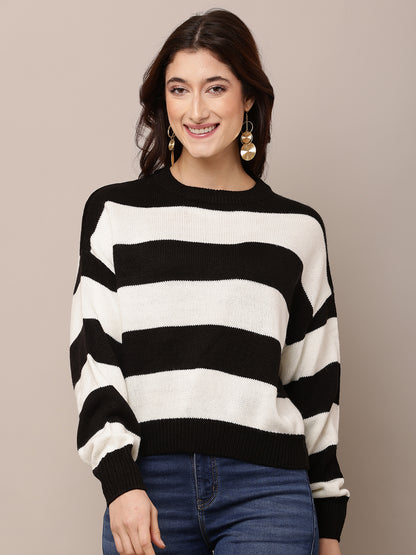 Acrylic Full Sleeve with Round Neck Black and white Striped Sweater