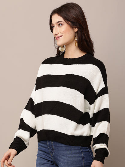 Acrylic Full Sleeve with Round Neck Black and white Striped Sweater