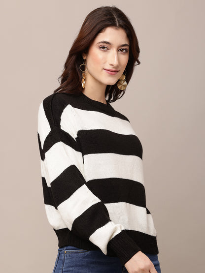Acrylic Full Sleeve with Round Neck Black and white Striped Sweater