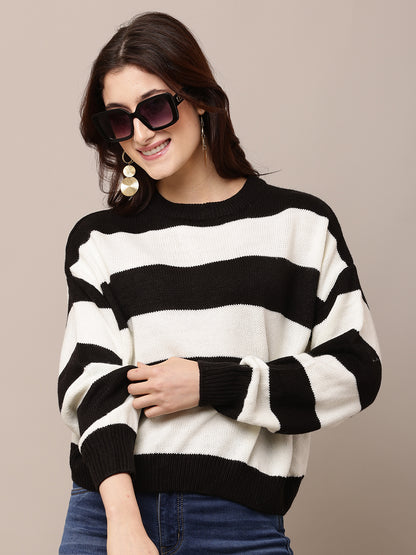 Acrylic Full Sleeve with Round Neck Black and white Striped Sweater