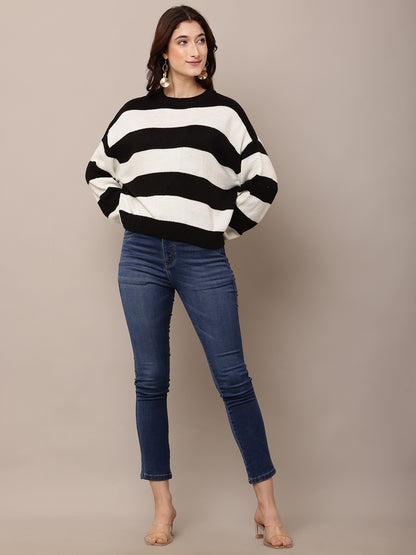 Acrylic Full Sleeve with Round Neck Black and white Striped Sweater