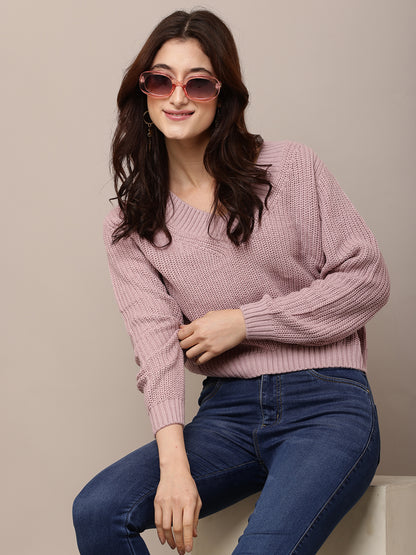 Acrylic Full Sleeve with V-Neck Purple knitted Sweater