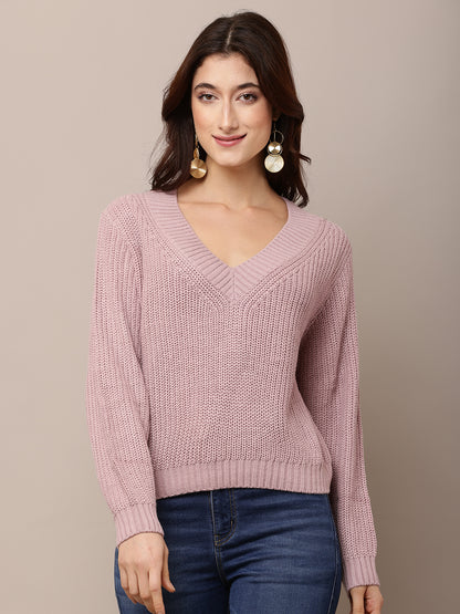Acrylic Full Sleeve with V-Neck Purple knitted Sweater
