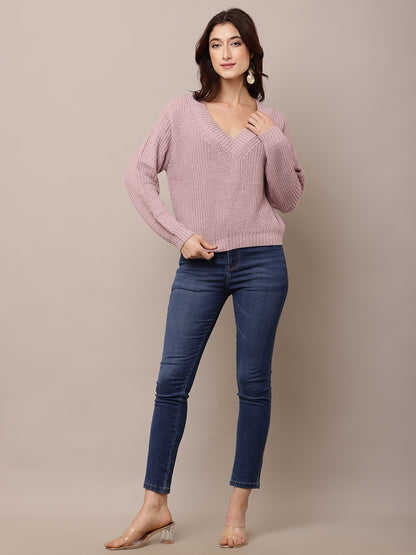 Acrylic Full Sleeve with V-Neck Purple knitted Sweater