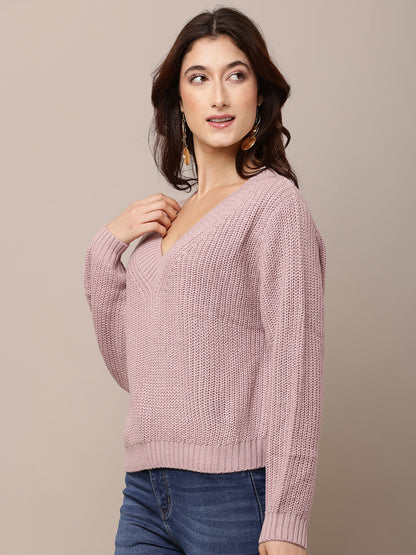 Acrylic Full Sleeve with V-Neck Purple knitted Sweater
