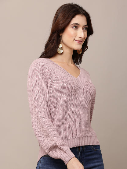 Acrylic Full Sleeve with V-Neck Purple knitted Sweater