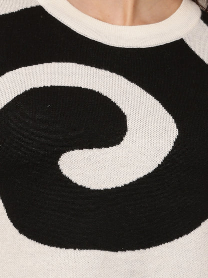 Polyester Full Sleeve with Round Neck Black and Grey Spiral Sweater