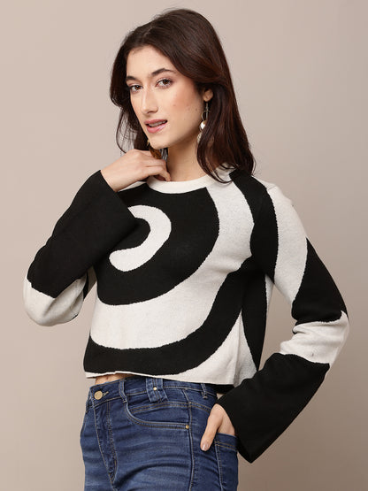 Polyester Full Sleeve with Round Neck Black and Grey Spiral Sweater
