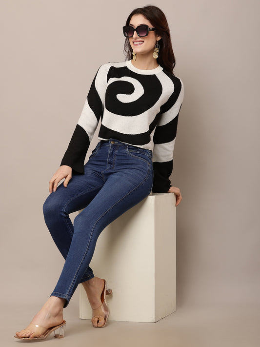 Polyester Full Sleeve with Round Neck Black and Grey Spiral Sweater
