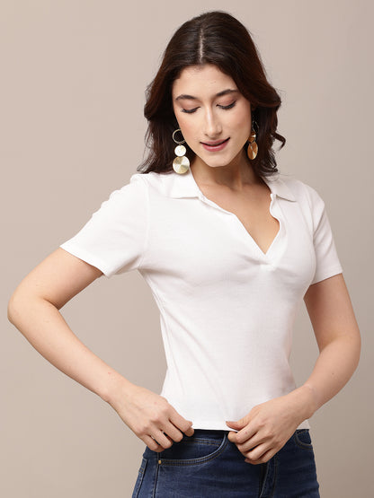 Cotton Short Sleeve with Polo Neck White T-shirt