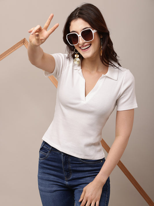 Cotton Short Sleeve with Polo Neck White T-shirt