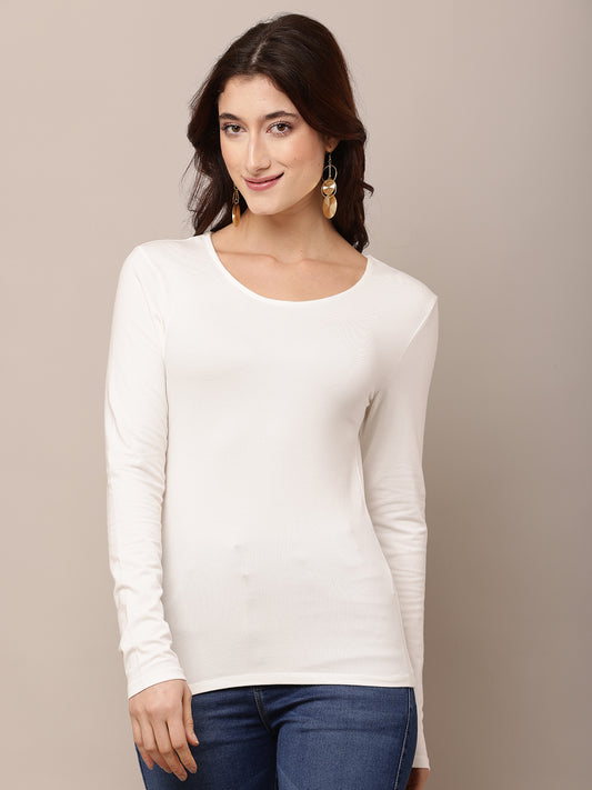 Viscose Full Sleeve with Round Neck White T-shirt