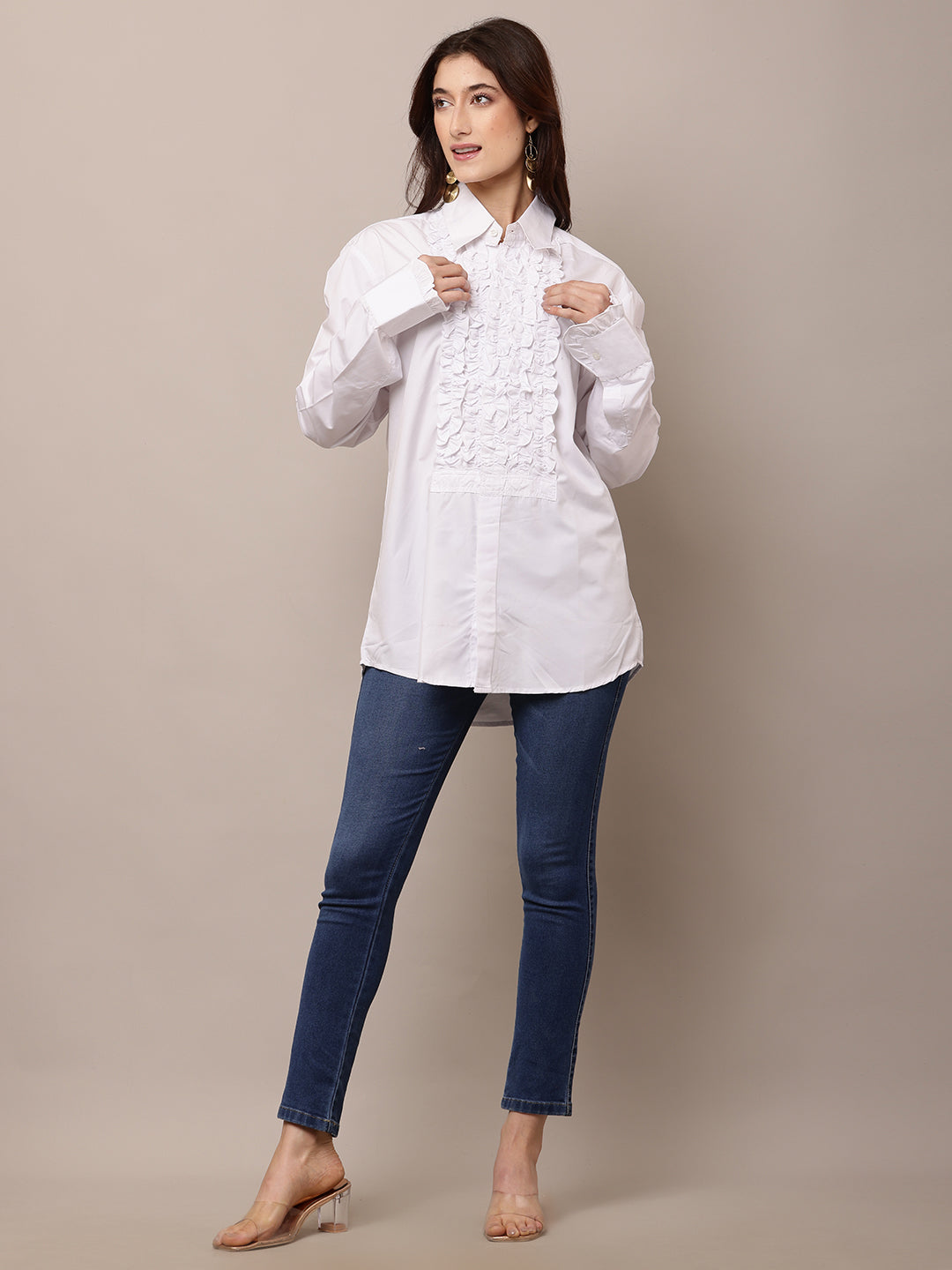 Cotton Full Sleeve with shirt Collar Ruffle White Shirt