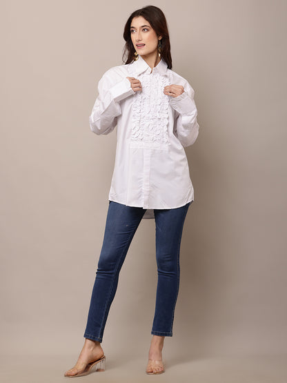 Cotton Full Sleeve with shirt Collar Ruffle White Shirt