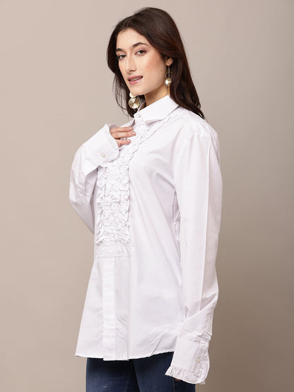 Cotton Full Sleeve with shirt Collar Ruffle White Shirt