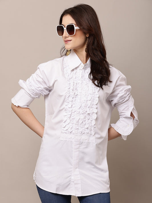 Cotton Full Sleeve with shirt Collar Ruffle White Shirt