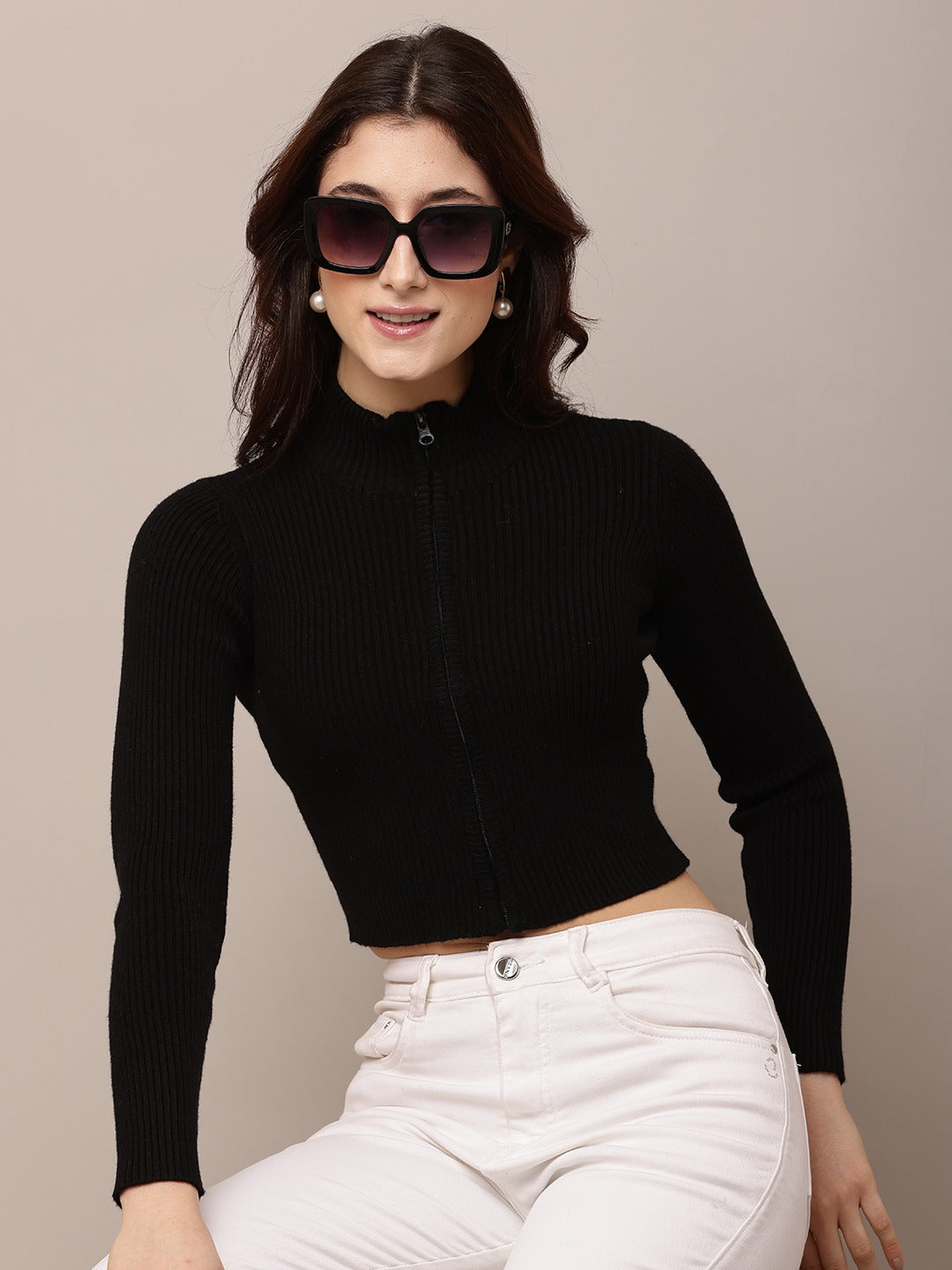 Acrylic Full Sleeve Turtle Neck with rib zip closure Black Crop Sweater