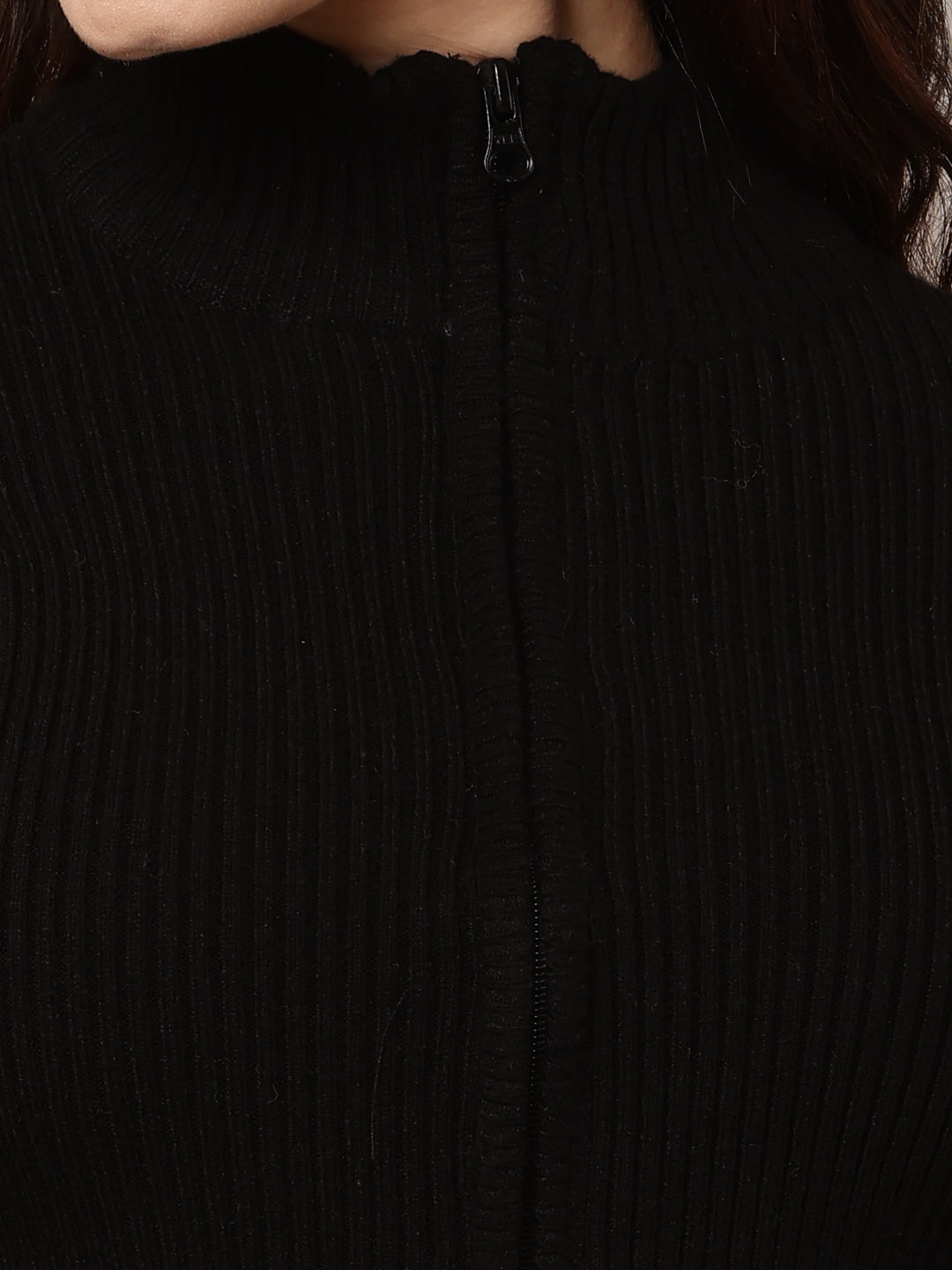 Acrylic Full Sleeve Turtle Neck with rib zip closure Black Crop Sweater