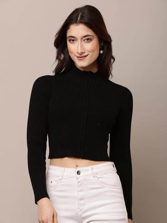 Acrylic Full Sleeve Turtle Neck with rib zip closure Black Crop Sweater