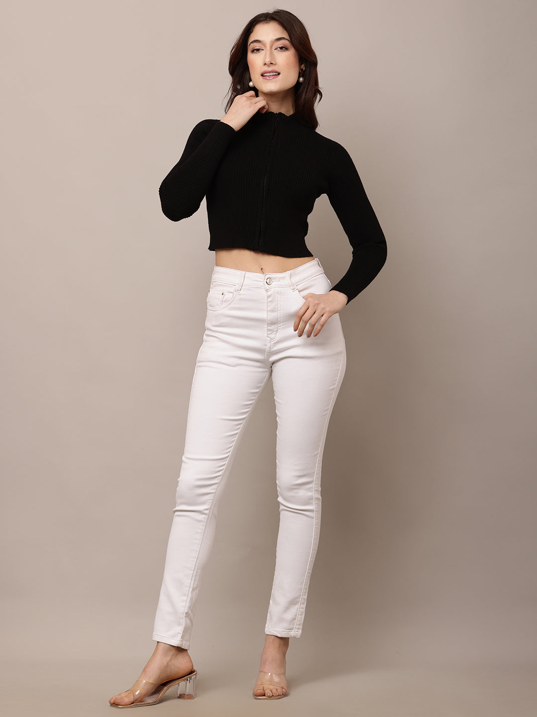Acrylic Full Sleeve Turtle Neck with rib zip closure Black Crop Sweater