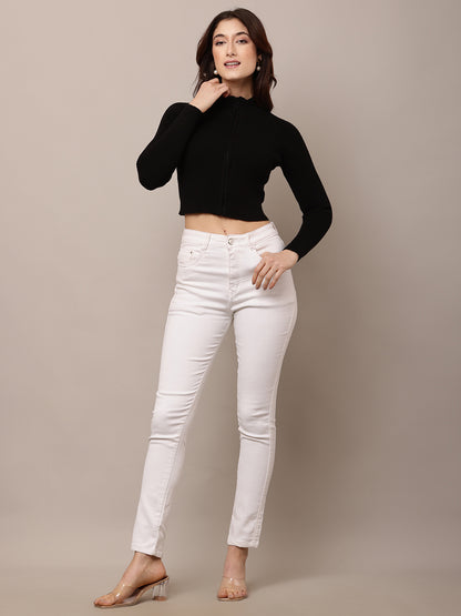 Acrylic Full Sleeve Turtle Neck with rib zip closure Black Crop Sweater