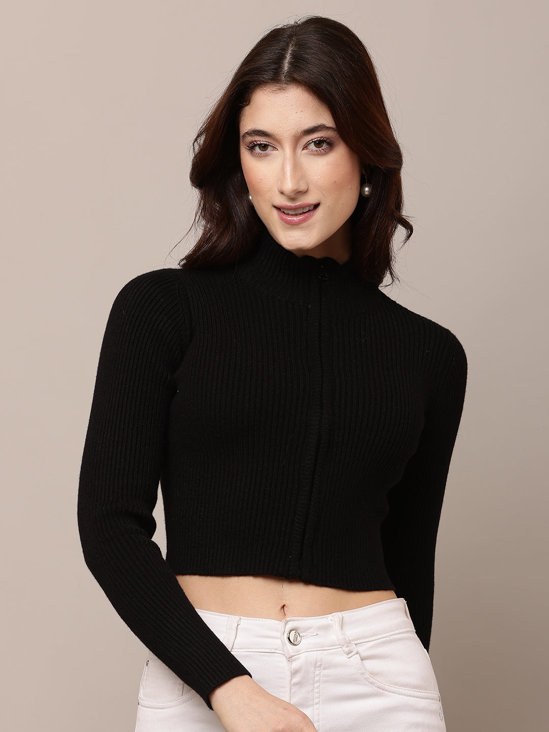 Acrylic Full Sleeve Turtle Neck with rib zip closure Black Crop Sweater