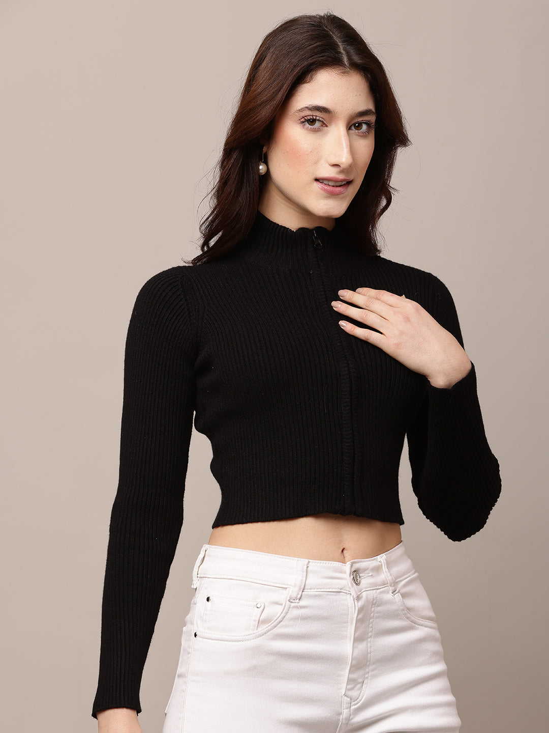 Acrylic Full Sleeve Turtle Neck with rib zip closure Black Crop Sweater